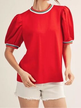Jodifl Red Puff Shoulder Puff Sleeve Top with Contrast Trim NWOT Small
